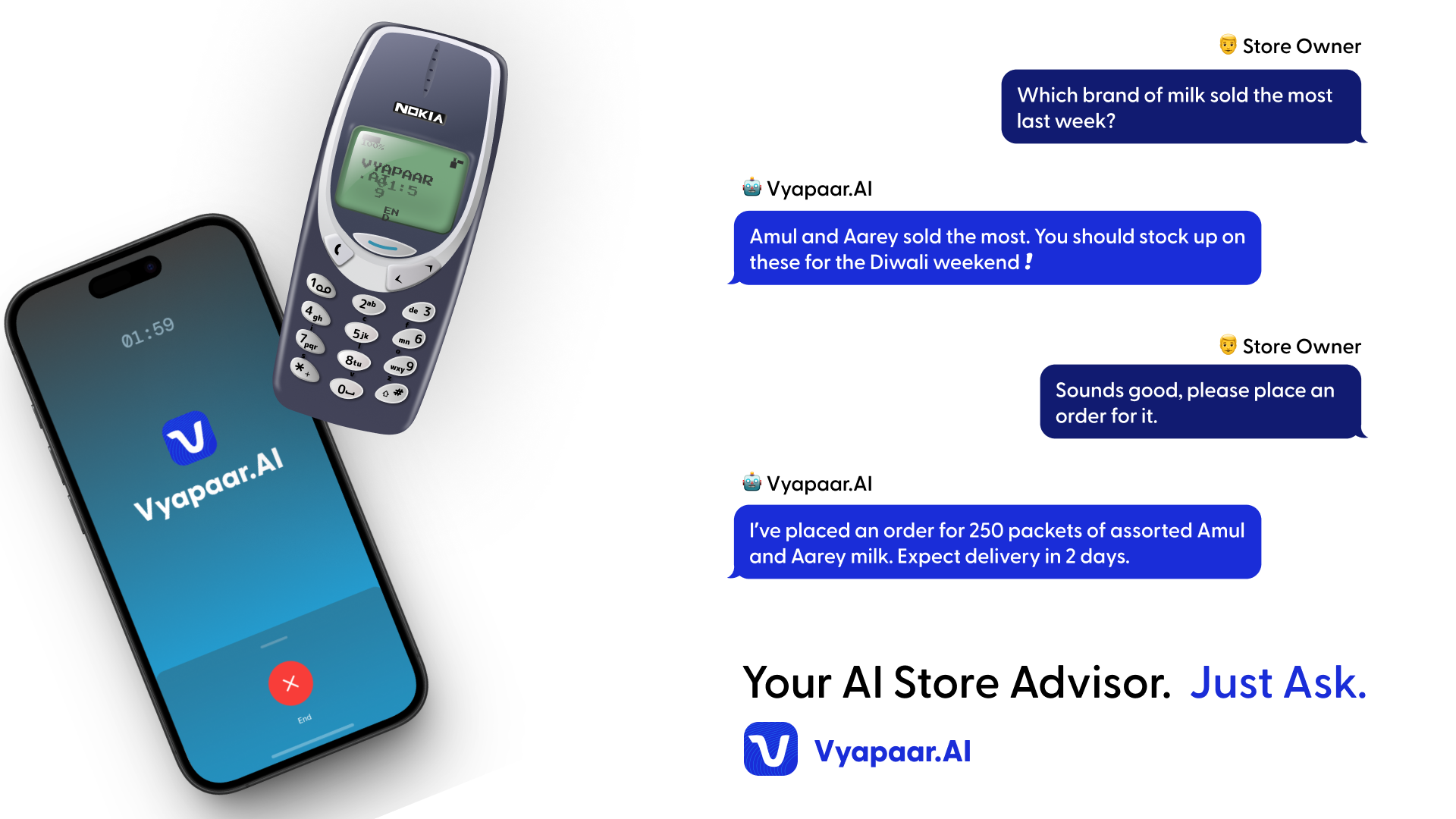 Mockup of a phone conversation with Vyapaar AI on an old Nokia and a modern smartphone.