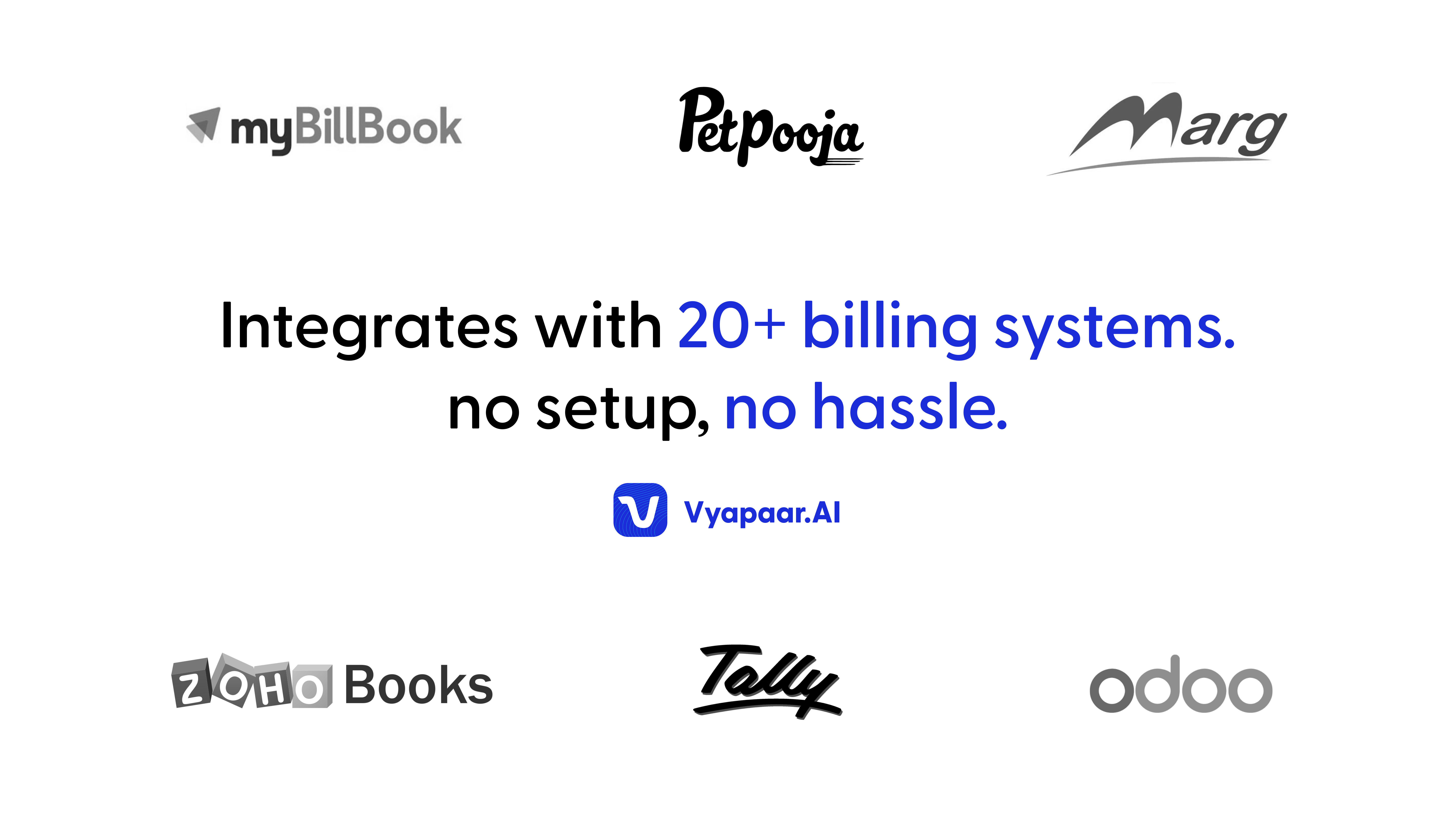 Logos of billing systems like Tally, Zoho Books, Marg, Odoo, PetPooja, and myBillBook.